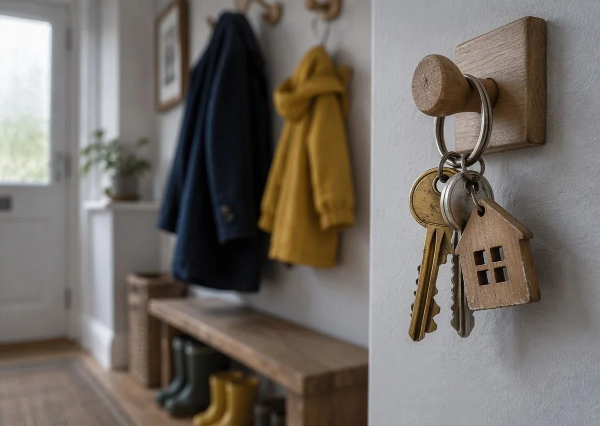 House keys with a wooden house keyring in a family hallway